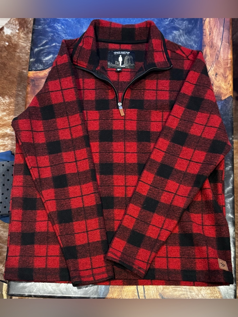 John Wayne  Red and Black Plaid Half-Zip Sweater